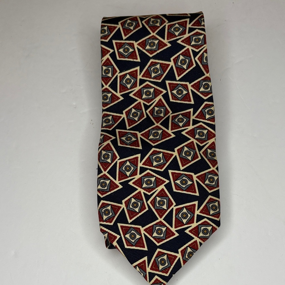 Valentino Giovanni Geometric Patterned Silk Tie - Navy Rust Red